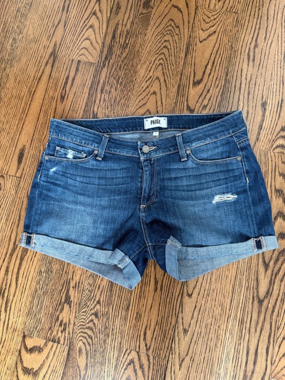 PAIGE Dark Wash Rolled Hem Denim Shorts